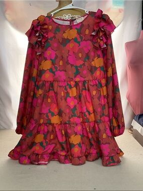 Peach Love California Ruffled Floral Mini Dress in Magenta, Orange & Green